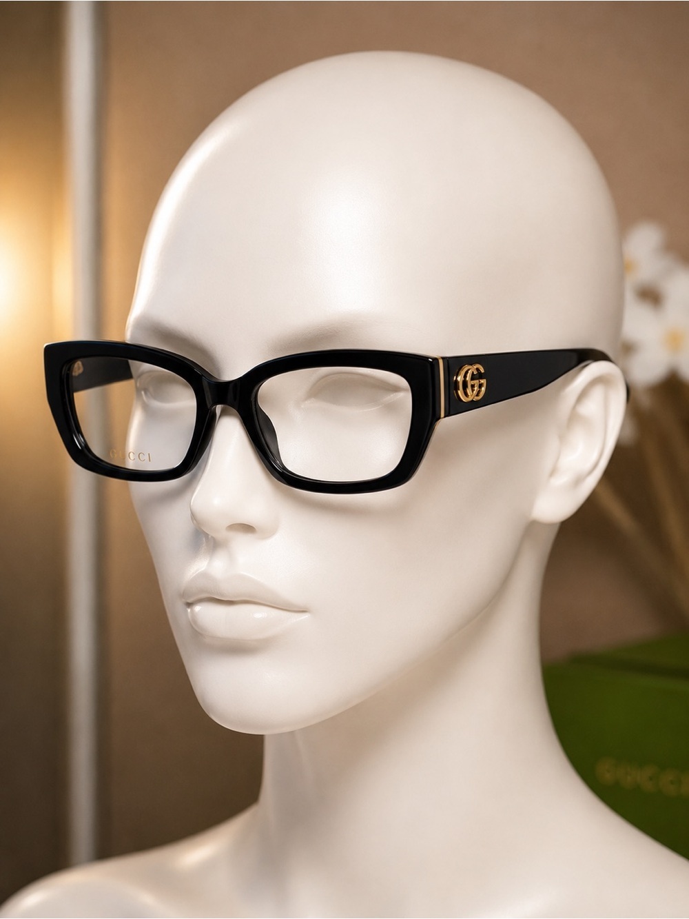 Gucci Black Acetate Eyeglasses with Gold GG Detail|Designer Optical Frames